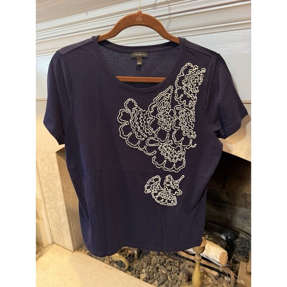 Talbots Tops - Talbots Navy Embroidered Scoop Neck Short Sleeve T-Shirt Size L